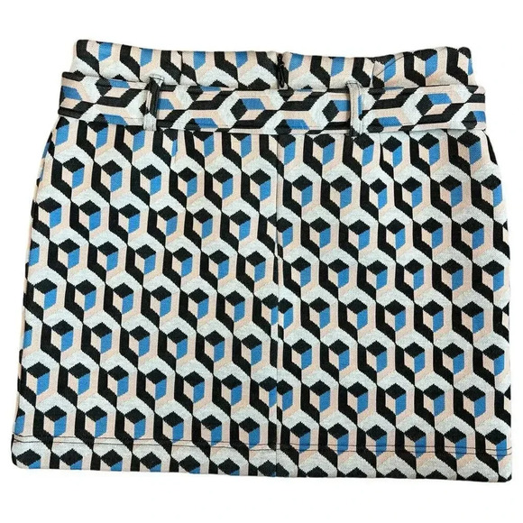 Fate Belted Mini Skirt Geometric Pattern Blue Black Pink Size Large Quilted - Picture 7 of 8